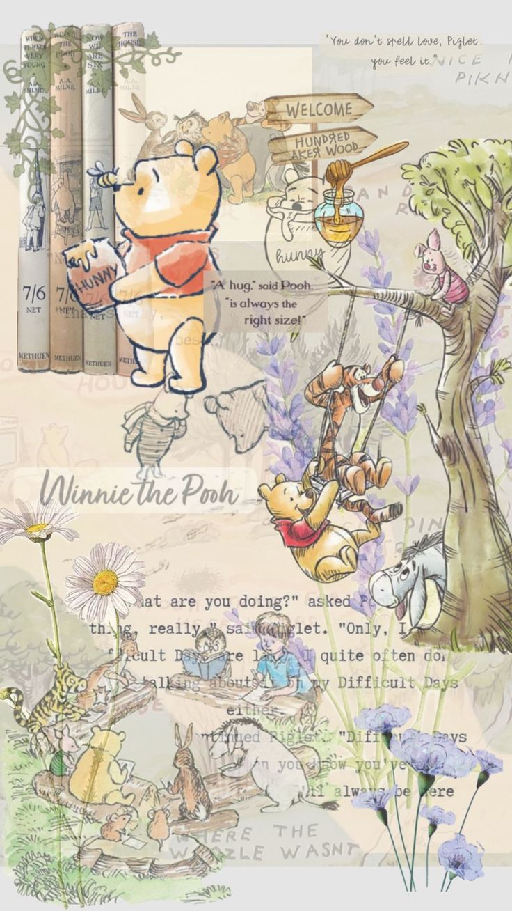 winnie the pooh and friends collaged together in an art nouveau style poster