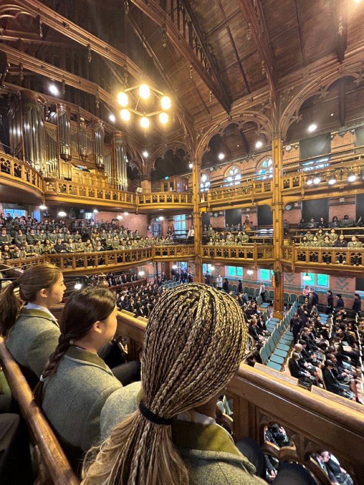 an auditorium full of people sitting and standing in front of the stage with their backs to the camera