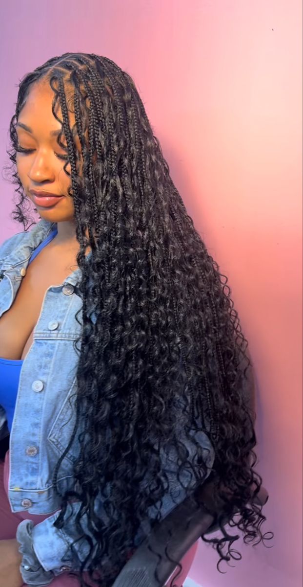 Bohmenian Knotless, Box Braids Hairstyles For Black Women With Curls, Long Boohoo Braids, Boho Knotless Braids Half Up Half Down, Goddess Braids Lots Of Curls, Bohemian Braids Big, Blue Bohemian Knotless Braids, Medium Bohieman Knotless Box Braids, Bohemian Braids Long