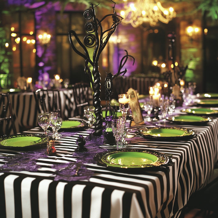 the table is set with black and white striped cloths, green place mats, silverware, and candles