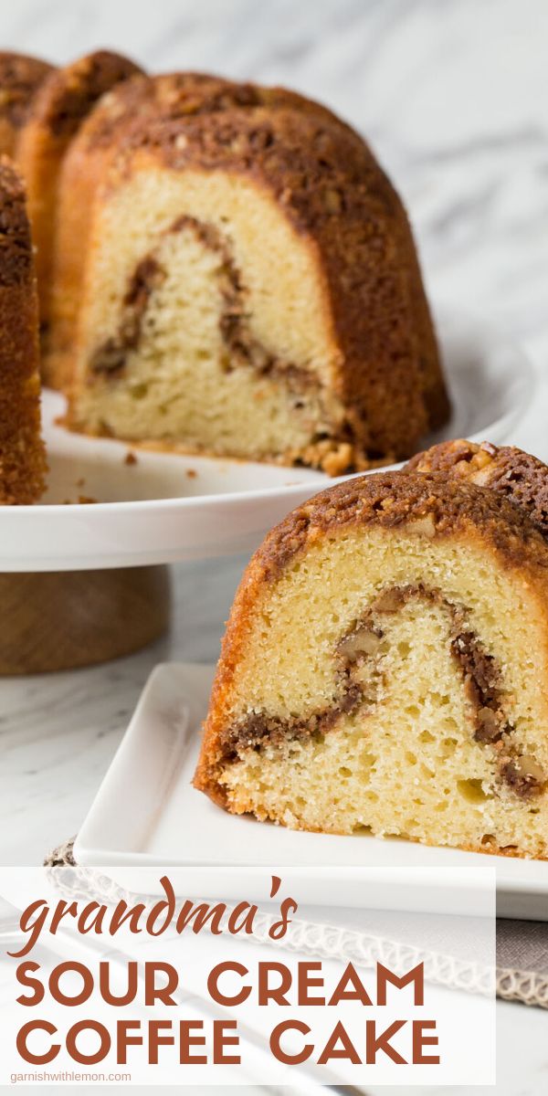 a piece of cake on a plate with the title grandma's sour cream coffee cake