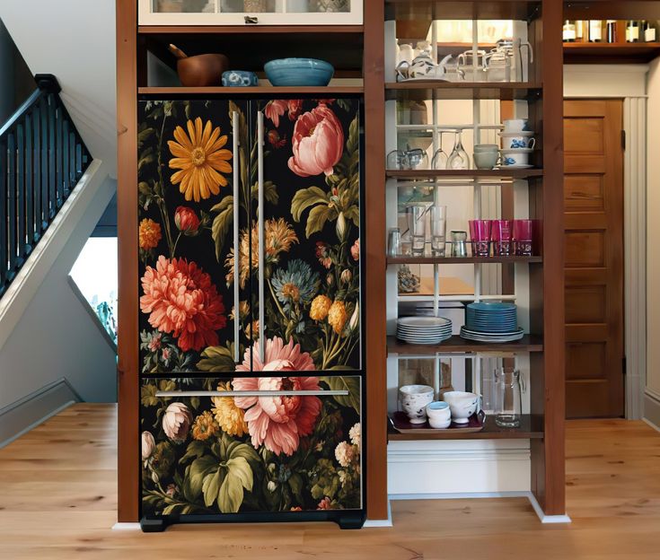 an open cabinet with flowers painted on the front and sides, in a room next to stairs