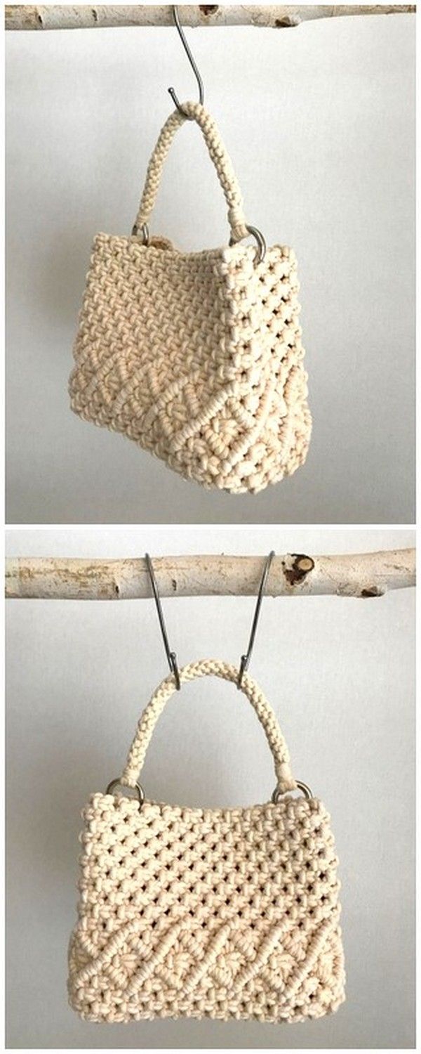 two pictures of the same handbag hanging on a branch, one is made out of straw