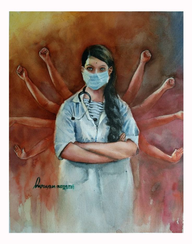 a painting of a nurse with her arms crossed in front of her face and hands behind her