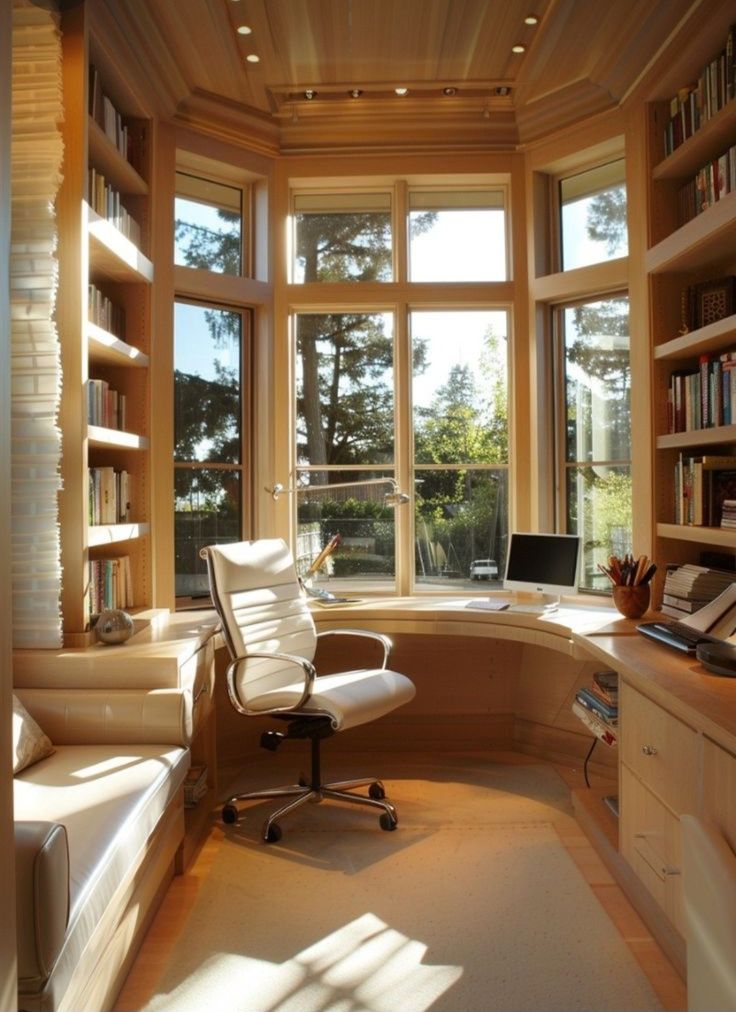 a home office with large windows and lots of books