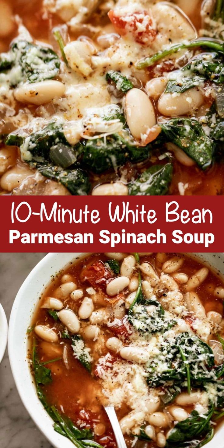 white bean parmesan spinach soup in a bowl with the title overlay