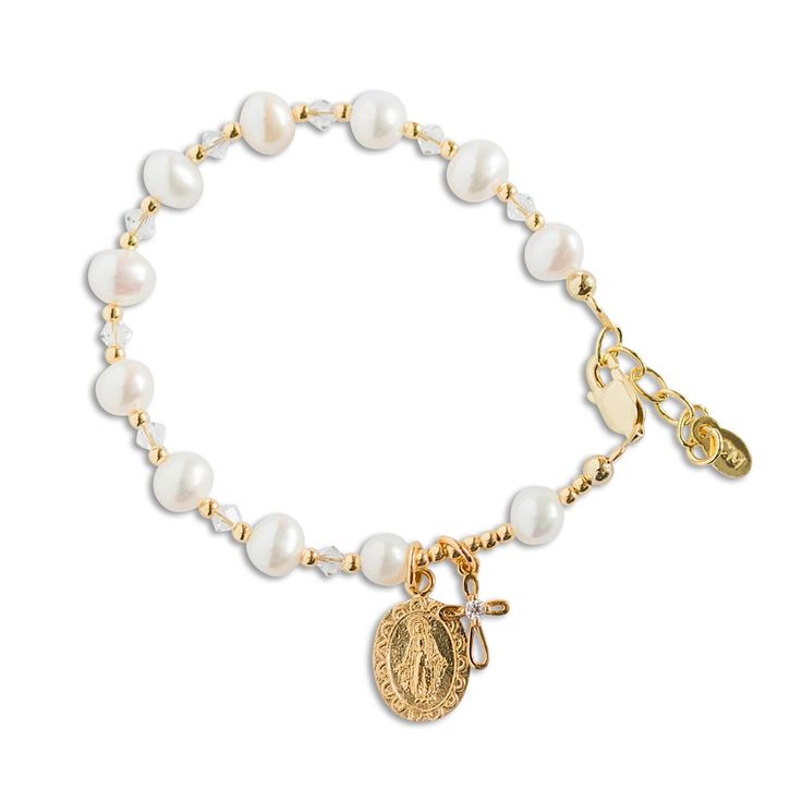 "These 14k gold-plated keepsake rosary bracelets are designed and hand-beaded in the USA using only the finest materials such as 14K gold-plated (over sterling silver) components, genuine soft pink or white freshwater pearls, sparkling silver accents, and adorned with an intricate gold cross charm and beautiful miraculous medal.  Each comes boxed in a gift box and makes a special keepsake for her special first communion day!   Special 1st communion gift for your goddaughter, granddaughter, niece or friend for her special day. (Bracelet measures 6 - 6.5\" with adjustable extension chain and fits the average 6-12 year old).   FREE SHIPPING - Ships within 1 business day! Matching Earrings: https://etsy.me/2UDMk2f Matching Necklace: https://etsy.me/2YXJrbP" Adjustable Yellow Gold Rosary Bracelet, Pearl Charm Jewelry For First Communion, Gold Rosary Bracelet With Round Beads Gift, Gold Rosary Bracelet With Gold Beads As A Gift, Gold Spiritual Rosary Bracelet With Charms, Yellow Gold Rosary Bracelet With Gold Beads As Gift, Spiritual Gold Rosary Bracelet With Charms, Pearl Jewelry For Baptism With Round Beads, Spiritual Pearl Jewelry For Baptism