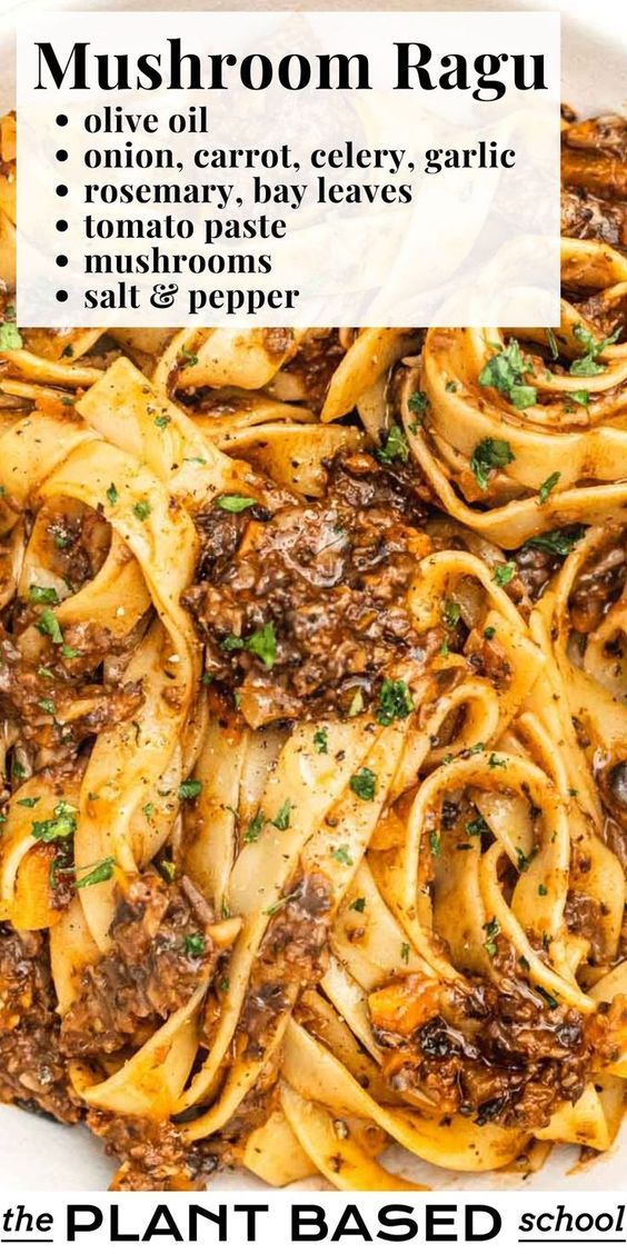 the recipe for mushroom ragu in a white bowl