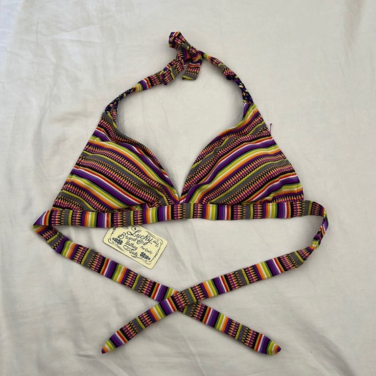 Lucky Brand Bikini Bottoms - Multicolored Striped Triangle Halter Top For Beach, Striped Triangle Halter Top For Vacation, Multicolor Stretch Halter Top For Poolside, Colorful Fitted Swimwear For Beach Season, Striped Halter Top For Beach Season, Multicolor Halter Top For Beachwear, Stretch Multicolor Halter Top For Poolside, Multicolor Halter Top For Beach Festival, Retro Multicolor Halter Top For Summer