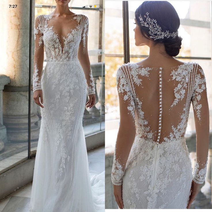 the back of a wedding dress with long sleeves and beaded details on the shoulders