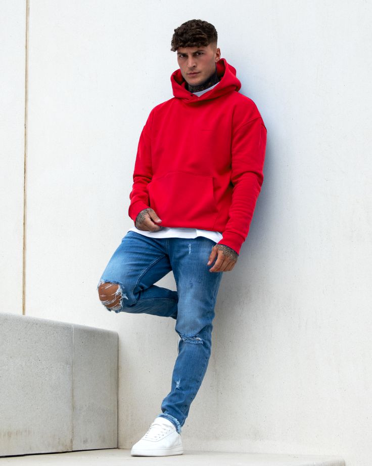 Diallo Red ⚡️ Online Now Red Hoodie Outfit Men, Hoodie Outfit Men Streetwear, Red Hoodie Outfit, Hoodie Outfit Men, Bee Inspired, Colour Ways, Street Style Outfits Men, Loose Fit Jeans, Couples Hoodies