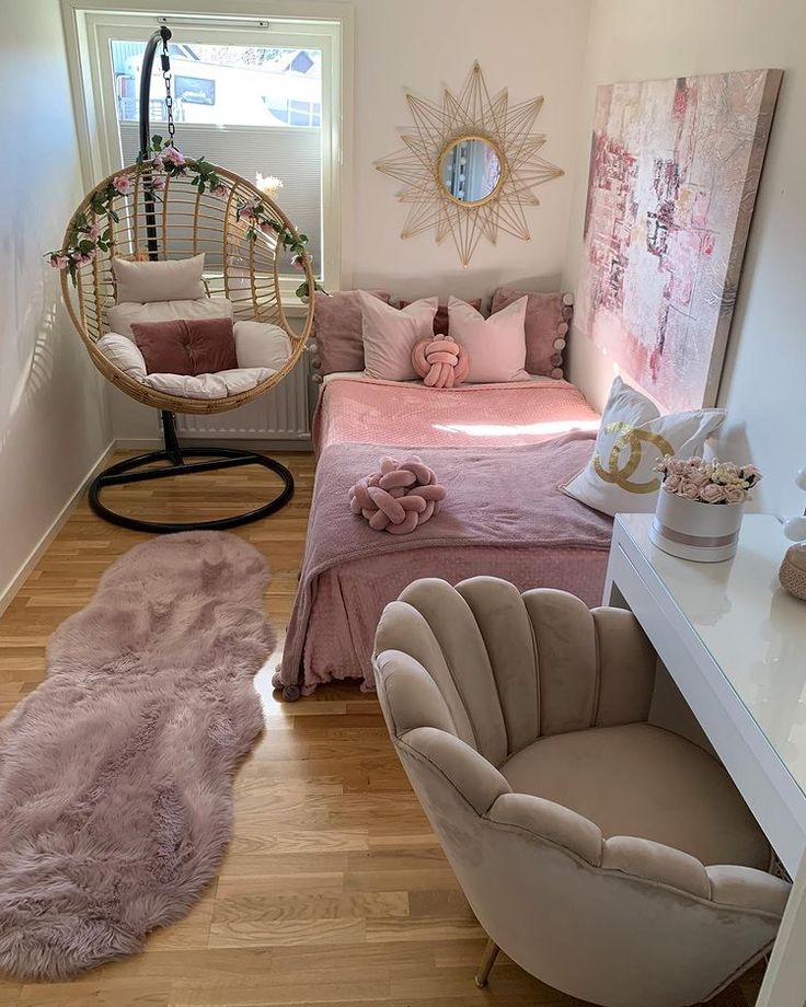 a bedroom with a hammock chair in the corner