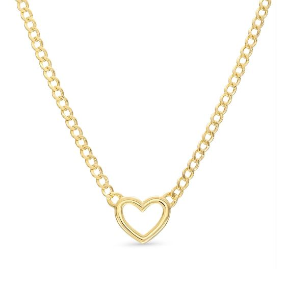 Perfect for layering or worn on its own, this classic statement piece features an 18-inch curb chain set in timeless 10K yellow gold. A beautiful heart-shaped silhouette sits in the middle to finish the look. The necklace boasts a high polish finish and secures with a lobster clasp. Yellow Gold Heart Chain Necklace With Delicate Chain, Yellow Gold Open Heart Necklace With Adjustable Chain, Tarnish Resistant Yellow Gold Open Heart Charm Necklace, 14k Gold Heart Chain Necklace, Heart-shaped Yellow Gold Chain Necklace With Cable Chain, Thick Chain Necklace, Curb Chain Necklace, Necklace Clasps, Kay Jewelers