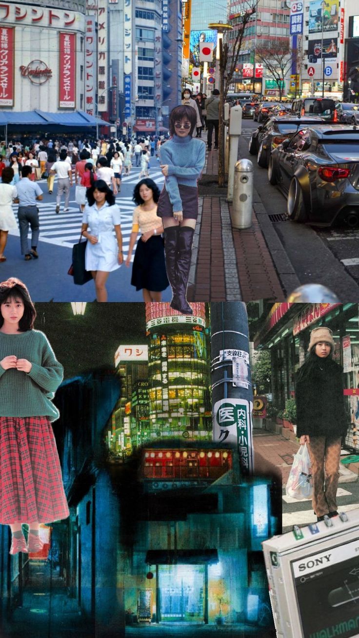 the collage shows people walking, cars and buildings in different locations around the city