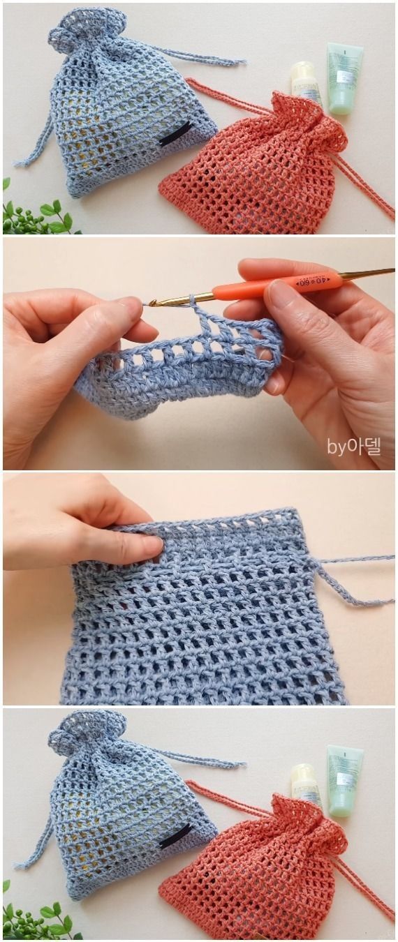 the crochet pouch is being worked on