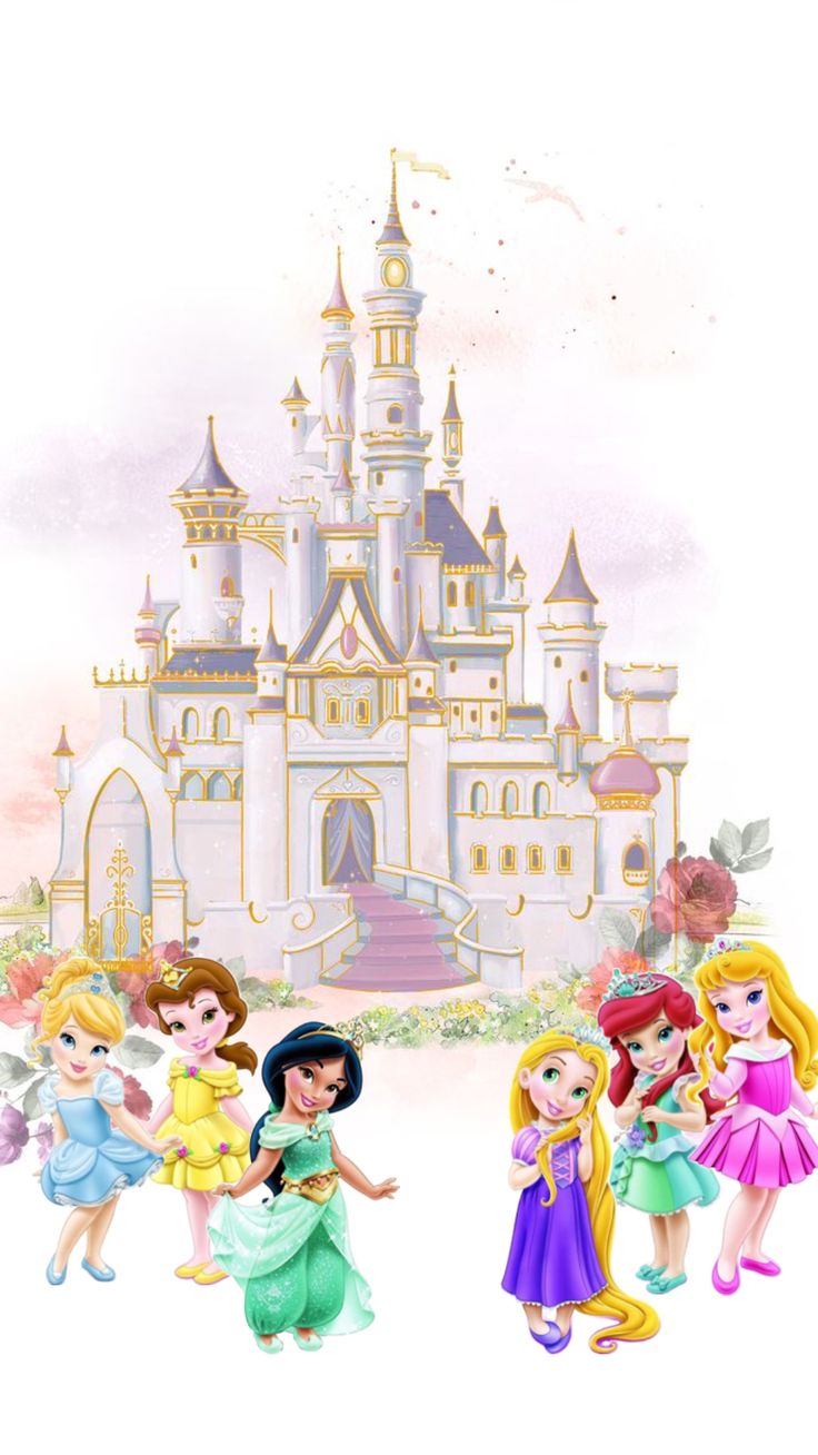 disney princesses are standing in front of a castle