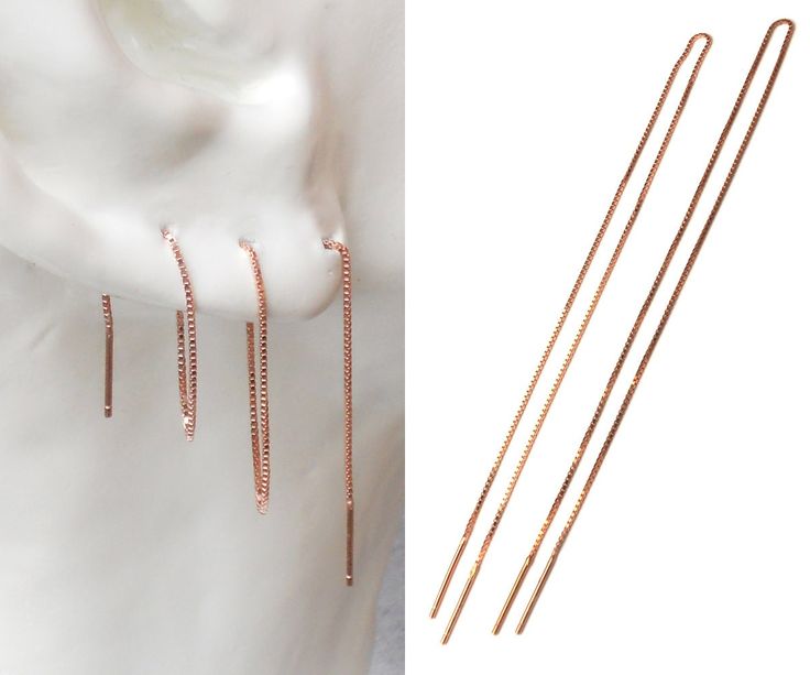 "Extra Long Sterling Silver / 18k Gold or Rose Gold Vermeil Threader Earring - 15cm (6\"), 20 cm (8\"), 40cm (16\") - SINGLE or PAIR Minimalist, extra long thread earring made of delicate sterling silver box chain. Ideal for multiple pierced ears. Adjust it to the perfect length by threading and pulling down. You can wear very many ways, it's up to your own style how to display them. Rose gold vermeil is sterling silver that has been rose gold plated. This is a good combination for those with al Helix Piercing Chain, Triple Helix Piercing, Piercing Chain, Triple Helix, Extra Long Earrings, Flower Earrings Gold, Threader Earrings Gold, Multiple Ear Piercings, Chain Earring