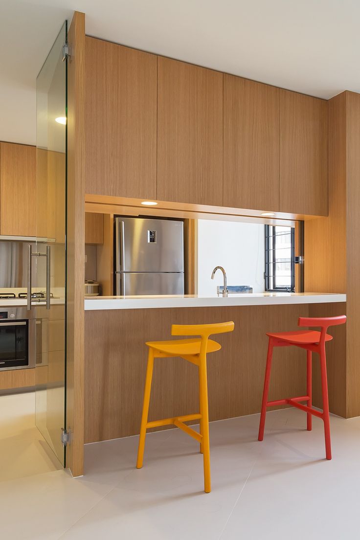 two stools are in front of the kitchen counter