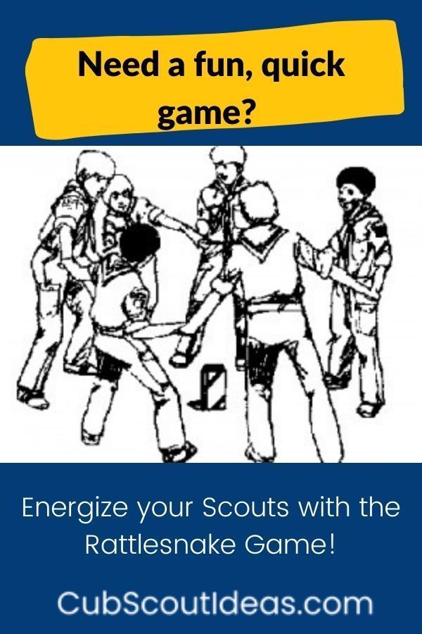 an image of a group of people playing with a ball and the capt says, need a fun quick game? energize your scouts with the rattiesnake game