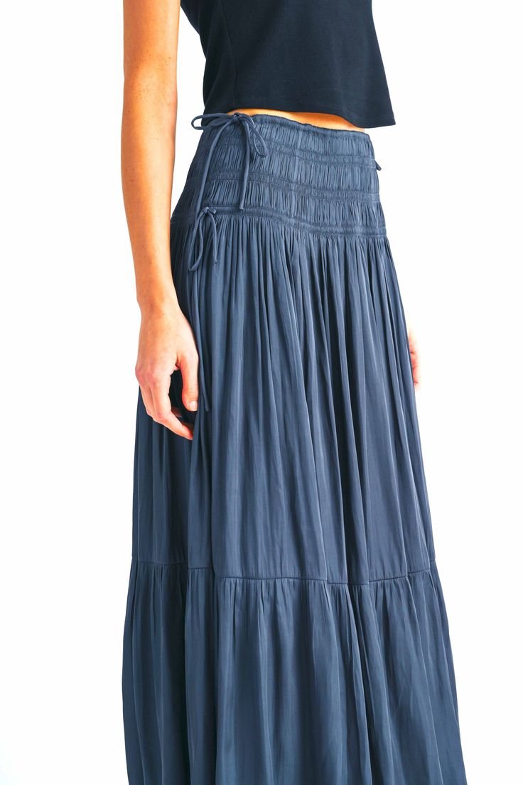 Description Product Details and Fit - Maxi skirt- Leg slit- Fully lined- Smocked waist- Ruched skirt- Tie waist skirt- Side waist drawstrings- Satin maxi skirt Model Measurements - Model is wearing a size Small Fabric - Polyester Style# JS110 Unique Maxi Skirt, Long Blue Skirt Outfit, Feminine Modest Outfits, Boho Maxi Skirt Outfit, Long Flowy Skirts, Skirts Aesthetic, Blue Skirt Outfits, Fitted Maxi Skirt, Split Maxi Skirt