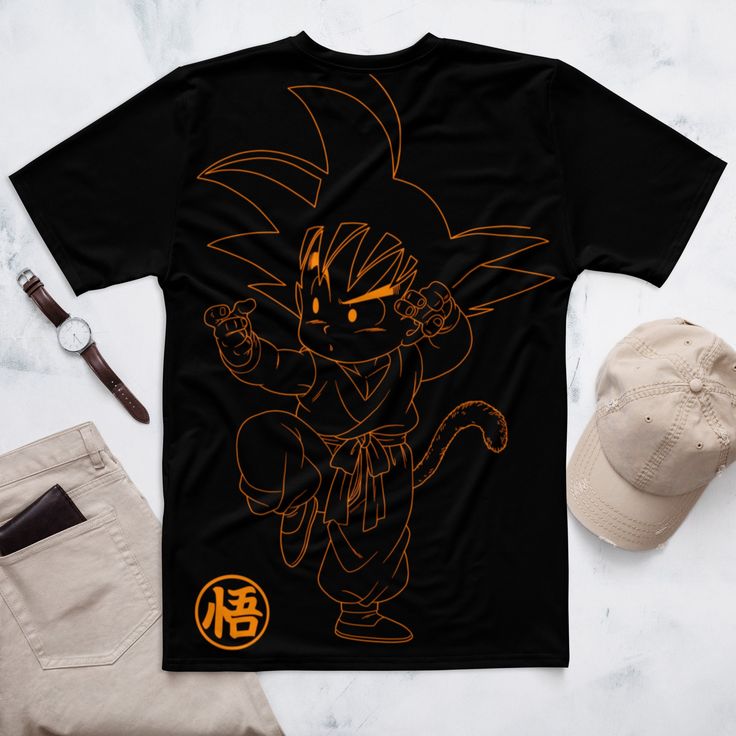 T-shirt Dragon Ball Casual Crew Neck Sublimation Shirt With Cartoon Print, Black Shirt With Character Print Relaxed Fit, Black Tops With Front And Back Print For Fans, Black Short Sleeve Shirt With Front And Back Print, Graphic Tee With Character Print And Crew Neck, Black Tops With Cartoon Print For Fans, Casual Crew Neck With Cartoon Sublimation Design, Sports Fan Apparel Tops With Character Print, Casual Black Sublimation Design With Front Print