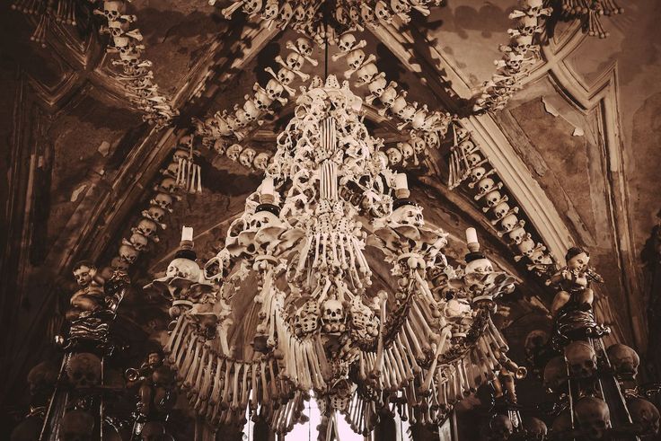 a chandelier hanging from the ceiling in a room filled with skulls and bones