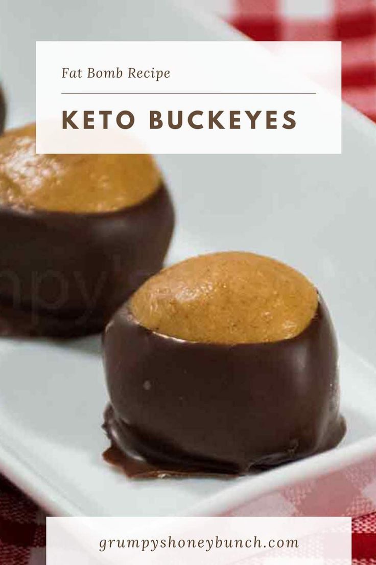 two chocolate covered desserts on a plate with the title text overlay reads fudge bomb recipe keto buckeyes