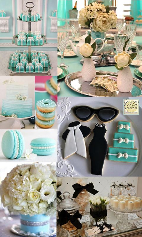 a collage of pictures with blue and white decorations