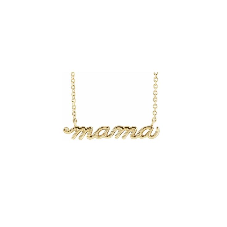 Yellow Gold Script Mama Necklace with delicate chain  on white background white  Camille Jewelry 14k Yellow Gold Name Necklace For Mom, Dainty White Gold Name Necklace For Mother's Day, White Gold Mother's Day Name Necklace, Mother's Day White Gold Dainty Name Necklace, Everyday Yellow Gold Necklaces For Mother's Day, Mother's Day Dainty White Gold Name Necklace, Everyday Yellow Gold Necklace For Mother's Day, Custom Name White Gold Necklaces For Mother's Day, Mother's Day 14k Gold Name Necklace With Delicate Chain