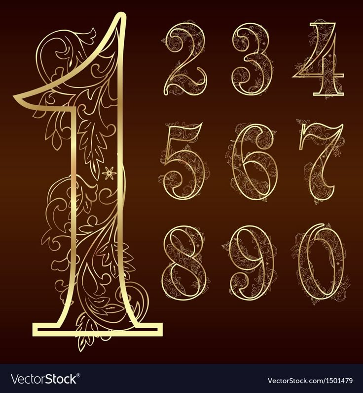 an ornate font with numbers and symbols in the style of art nouveaus on a brown background