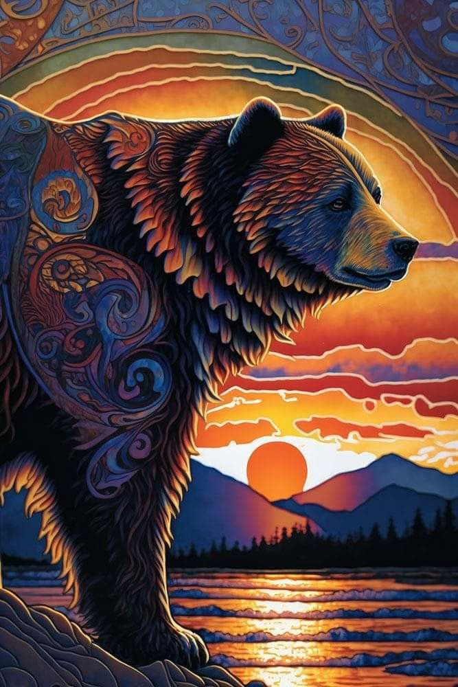 a painting of a bear standing in front of a sunset