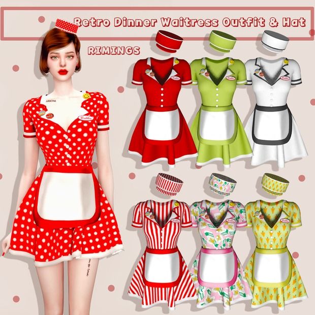 a woman in red and white dress standing next to some dresses with polka dots on them