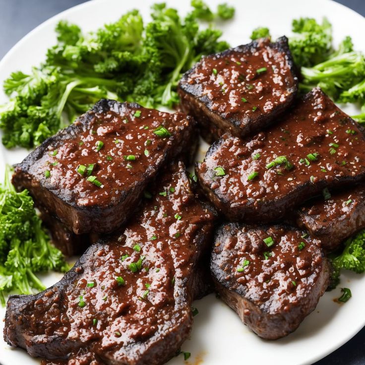 some meat and broccoli on a white plate with brown sauce in the middle