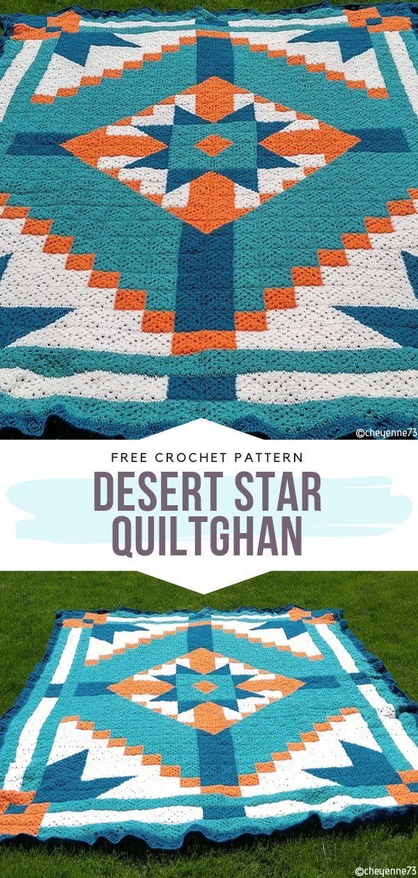 a crocheted blanket is shown on the grass with text overlay that reads free crochet pattern desert star quilt afghan