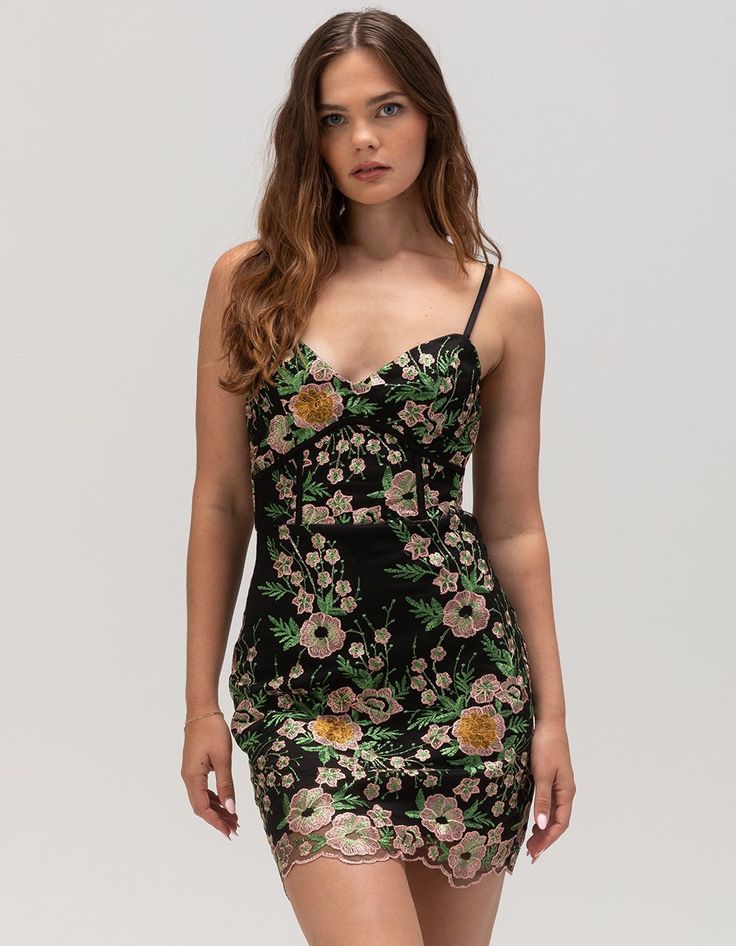 Lulus Embroidered Dress. This Floral Embroidered Dress Exudes Elegance With Its Delicate Detailing And Feminine Silhouette. The Corset-Inspired Bodice Enhances Your Shape, While Adjustable Spaghetti Straps Ensure A Perfect Fit. Zipper Closure At Back. Approx. Length: 33''. Body: 50% Nylon, 50% Polyester. Lining: 100% Polyester. Hand Wash. Imported. Model Is Wearing A Size Small. Model Measurements:height: 5'8" Bust: 31"waist: 23.5"hips: 34.5" Fitted Floral Embroidered Dress, Fitted Multicolor Embroidered Mini Dress For Spring, Fitted Mini Dress With Multicolor Embroidery For Spring, Fitted Multicolor Embroidery Mini Dress For Spring, V-neck Party Dress With Resham Embroidery, Spring Floral Print Embroidered Mini Dress, Spring Mini Dress With Multicolor Floral Embroidery, Fitted Embroidered Mini Dress, Spring Mini Dress With Multicolor Embroidery And Floral Print