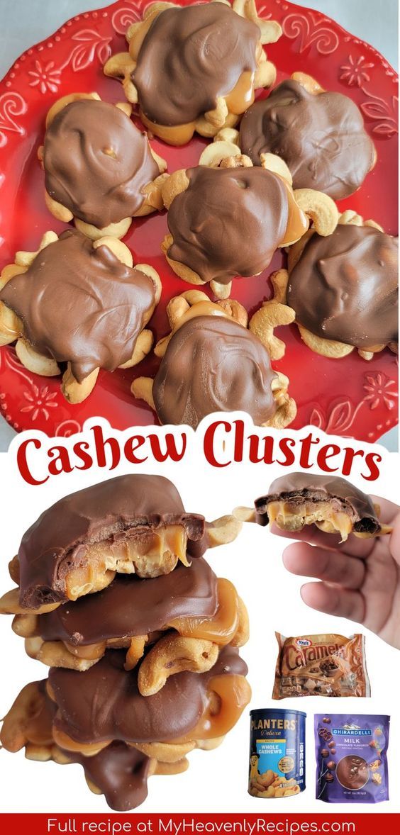 chocolate covered cookies are stacked on top of each other with the words cashew clusters