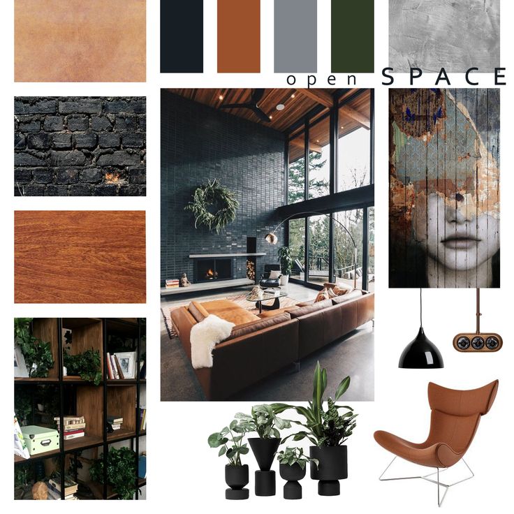 a collage of different rooms and furniture with the words open space above them in black, white, brown, and green