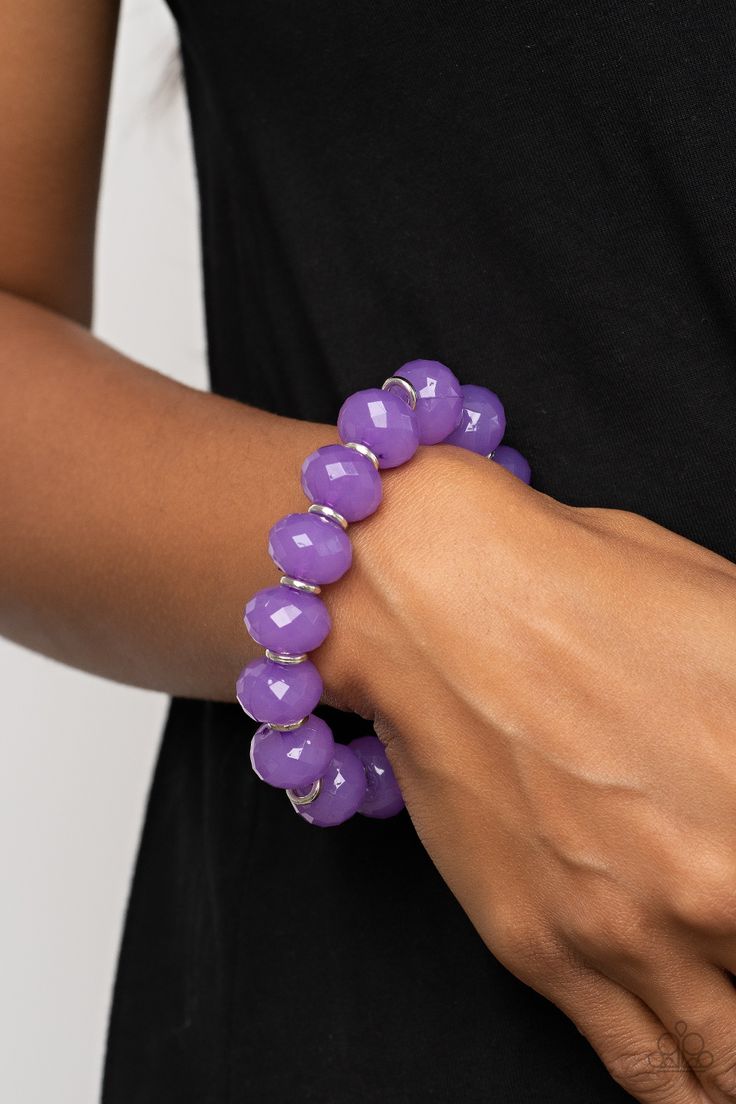 Dainty silver rings and oversized faceted opaque purple crystal-like beads alternate along a stretchy band around the wrist, creating a mystical pop of color.

 Sold as one individual bracelet. Dainty Silver Rings, This Is My Jam, Vintage Paparazzi, Pink Tour, Purple Bracelet, Vip Group, Independent Consultant, My Jam, Purple Crystal