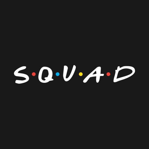 the word squad is written in white and black letters on a black background with multicolored dots