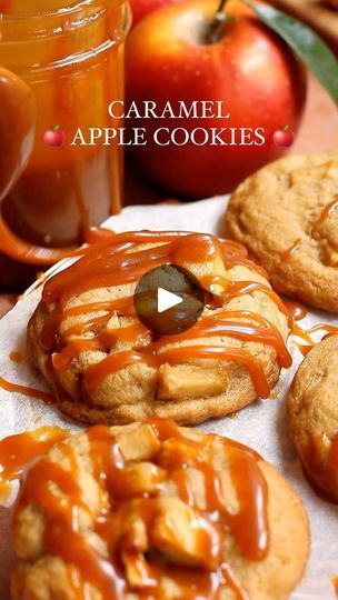 caramel apple cookies with apples in the background