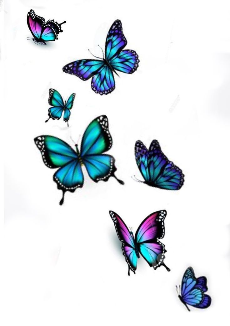 several blue and purple butterflies flying in the air