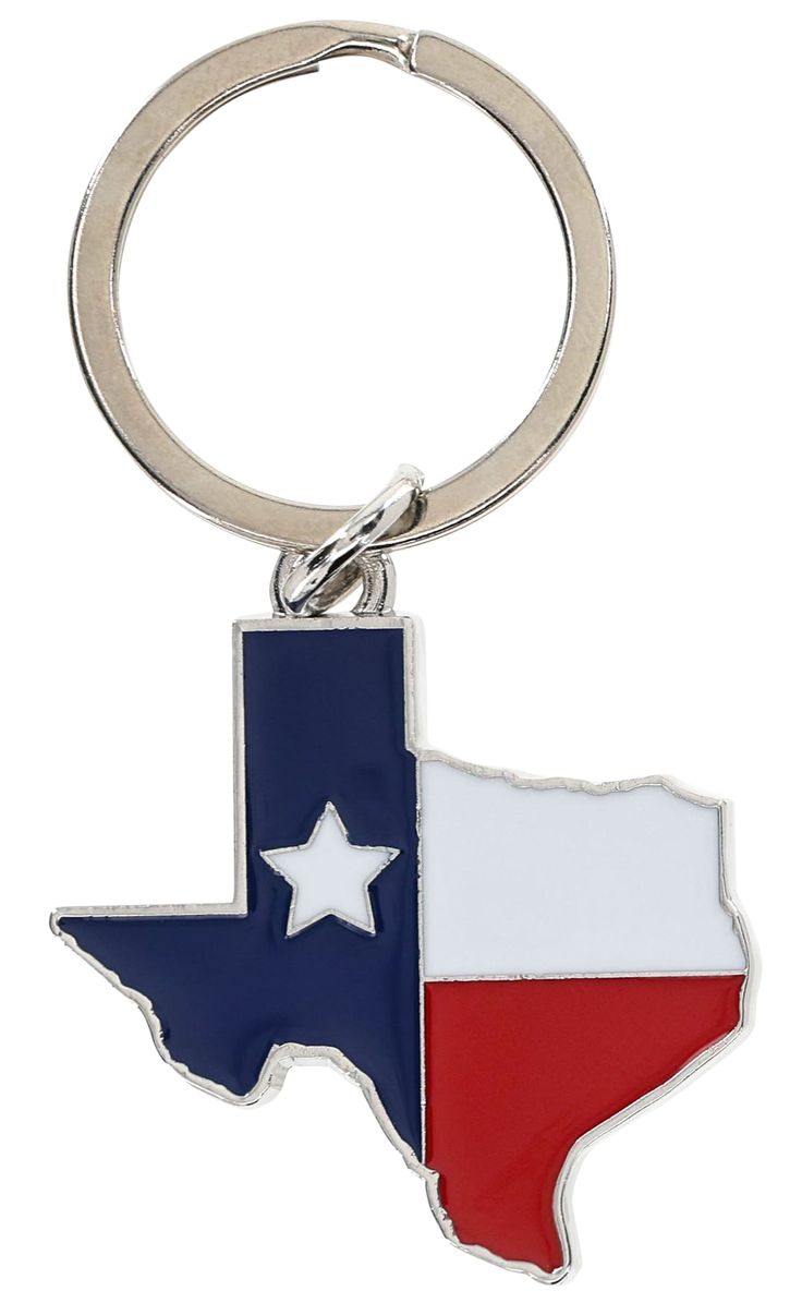 a texas state shaped keychain with the flag on it's front and back