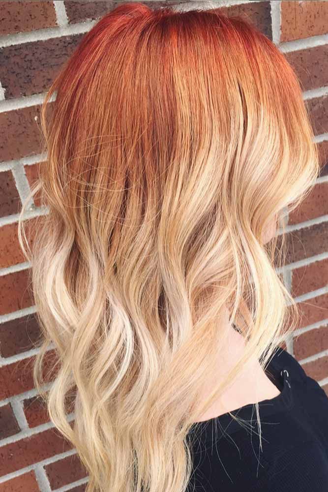 Hairstyles For Natural Red Hair, Burgundy To Blonde Hair, Red Hair With Blonde Balayage Ombre, Copper Underneath Blonde Hair, Ginger To Blonde Ombre, Blonde With Red Roots, Red To Blonde Ombre Hair Balayage, Redhead With Blonde Balayage, Blonde With Auburn Highlights