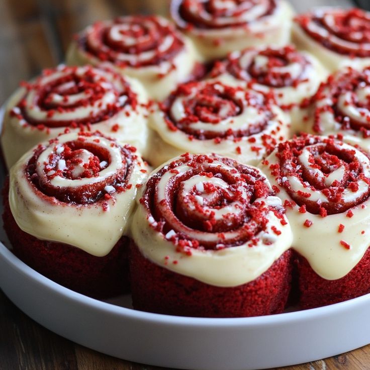 red velvet cupcakes with white frosting and sprinkles on top