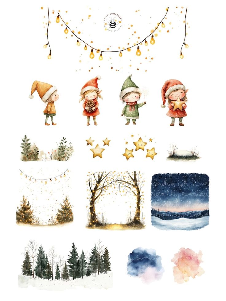 watercolor christmas clipart set with snow, trees and santa's helpers