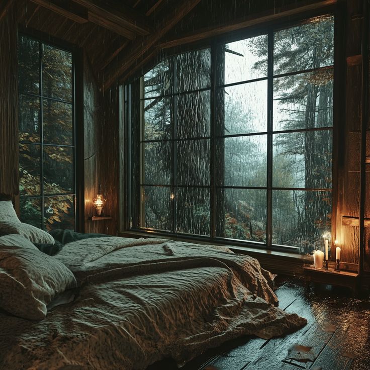 a bed sitting in a bedroom next to a window with candles on top of it