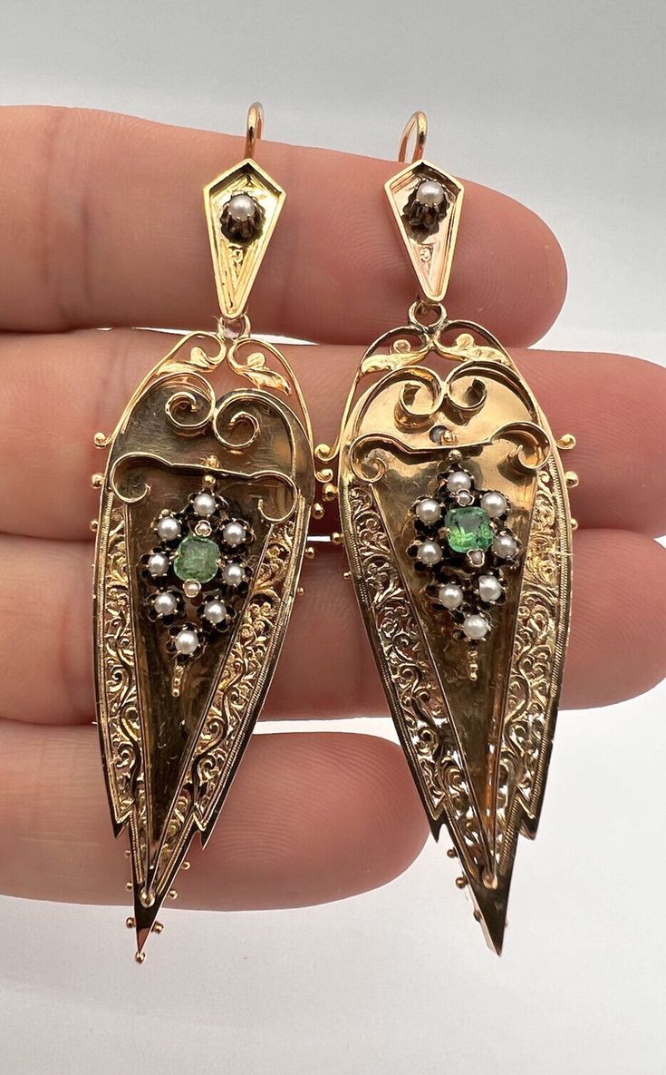 Antique 3" Victorian Etruscan 14k Yellow Gold Emerald Seed Pearl Dangle Earrings | eBay Ornate Hallmarked Chandelier Dangle Earrings, Victorian 14k Gold Filigree Earrings, Victorian Hallmarked 14k Gold Earrings, Antique 14k Gold Hallmarked Earrings, Antique Yellow Gold Drop Earrings, 14k Gold Victorian Filigree Earrings, Vintage 14k Gold Earrings With Intricate Design, Ornate Hallmarked Dangle Chandelier Earrings, Antique Hallmarked 14k Gold Earrings