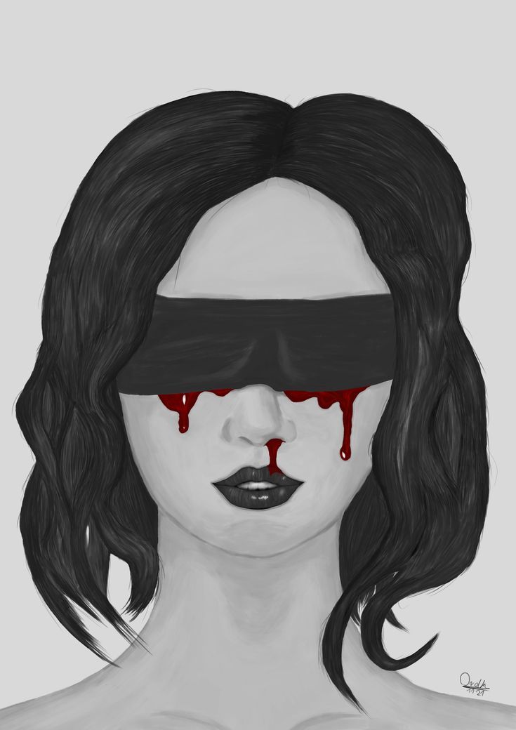 a woman wearing blindfolds with blood on her face