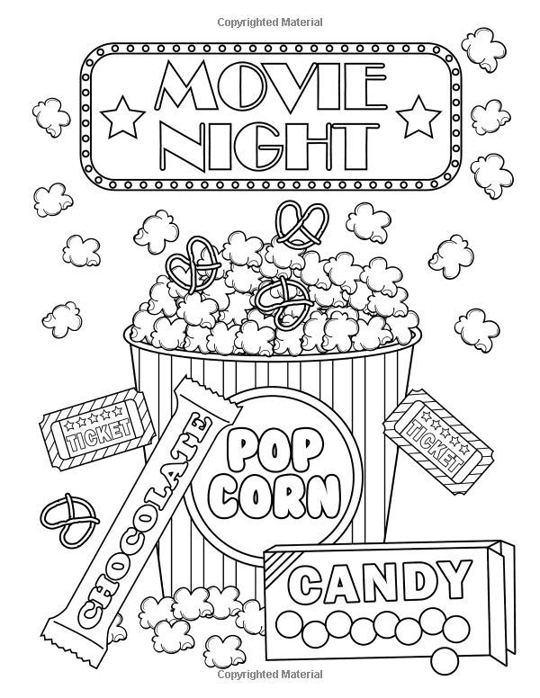 a movie night coloring page with popcorn and candy