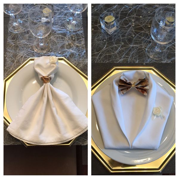 two pictures of white dinnerware with gold trimmings and bow ties on them